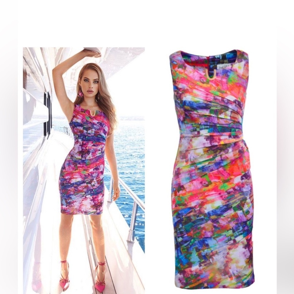 Joseph Ribkoff Sleeveless Ruched Sheath Multicolored Evening Dress Size 10